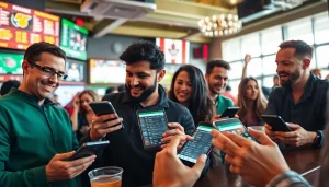 Engaged bettors analyzing odds at popular sports betting sites Canada in a lively sports bar setting.
