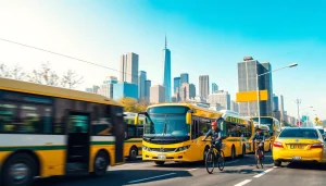 Transportation scene showcasing various modes of transit in an energetic urban setting.