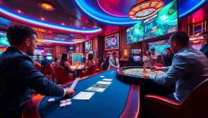 Exciting live gambling scene with players at casino tables featuring indibet com betting experience.