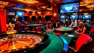 Experience an exciting game at https://mm88.team/ with vibrant poker chips and roulette wheels.