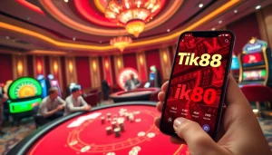 Trải nghiệm sự phấn khích của tik88 với các yếu tố casino sống động, bao gồm chip poker và bánh xe roulette.