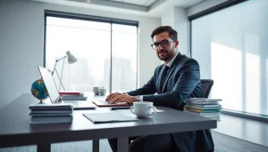 Traducteur professionnel à un bureau avec des documents, mettant en avant les services de traducteur assermenté en ligne.