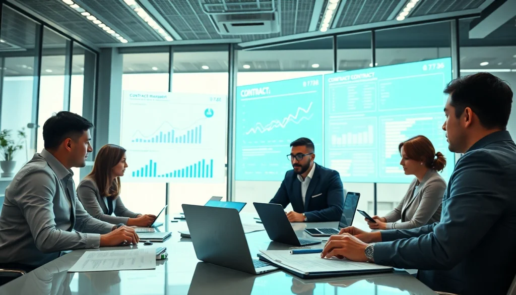 Efficient contract management team analyzing digital contracts and performance metrics.