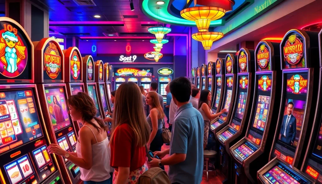 Exciting slot hoki gaming scene with players enjoying vibrant slot machines and lively atmosphere.