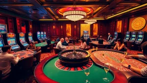 Experience excitement at thabet's luxurious casino tables filled with gamblers and vibrant slot machines.