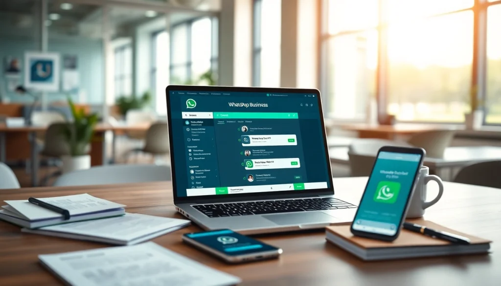 Utilizing WhatsApp Business CRM in a modern office setup with a laptop and smartphone.