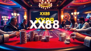 Players enjoying an intense baccarat game at the XX88 casino, surrounded by vibrant poker chips and cards.