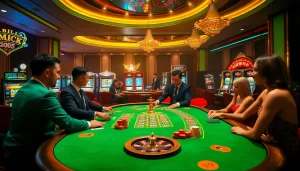 Casino experience showcasing a poker table with significant action; if you want to win big, hãy bám vào đây.