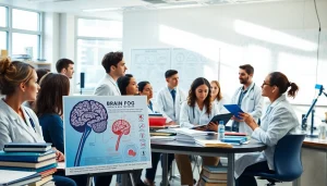 Researchers discussing brain fog in a neuroscience lab, illustrating collaboration.