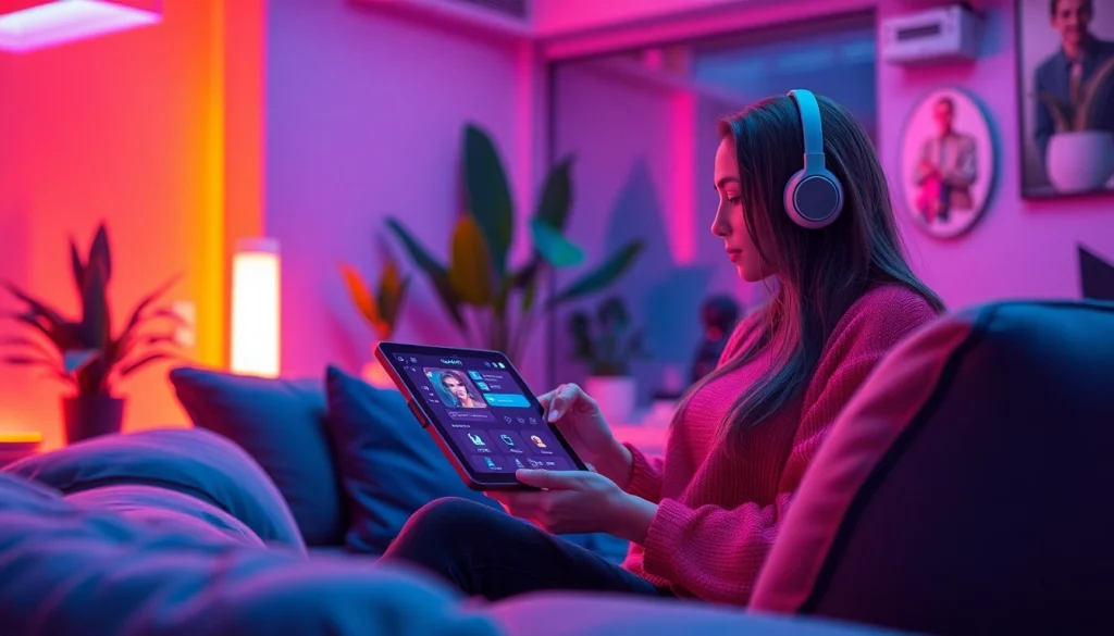 Engaging scene of ai sex chat in a cozy, futuristic room with a friendly chatbot.