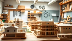 Architekturmodellbau Mönchengladbach zeigt detaillierte Modelle und professionelle Werkzeuge in einem inspirierenden Arbeitsbereich.