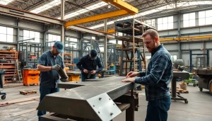Crafting custom steel fabrication in an active workshop with artisans and machinery.