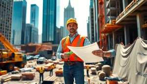 New York City Construction Manager efficiently directing a busy construction site with vibrant energy.