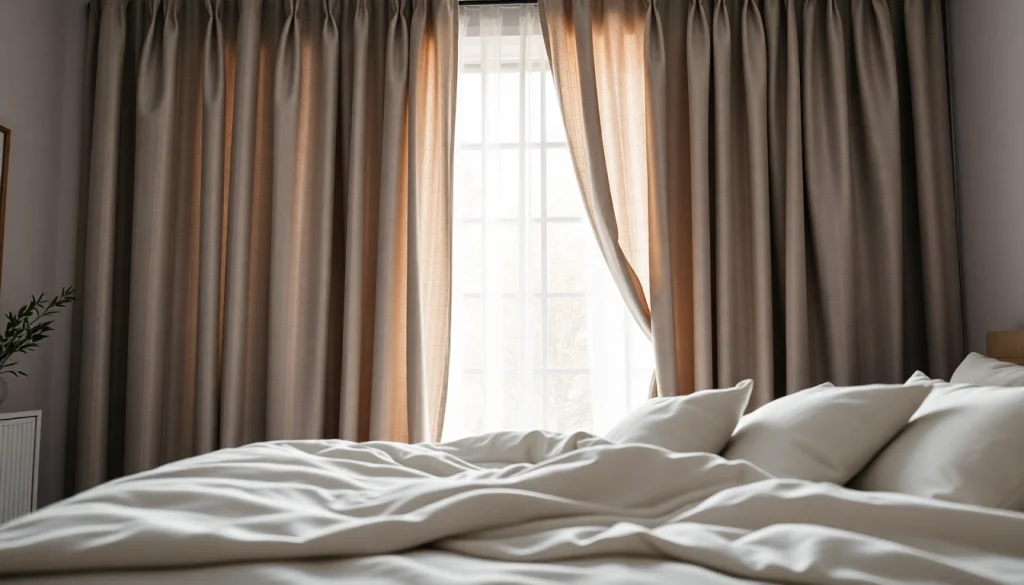 Verduisterende gordijnen in een stijlvolle slaapkamer creëren een warme sfeer.