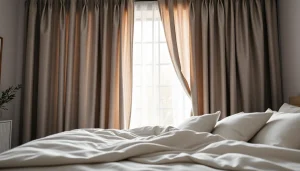 Verduisterende gordijnen in een stijlvolle slaapkamer creëren een warme sfeer.