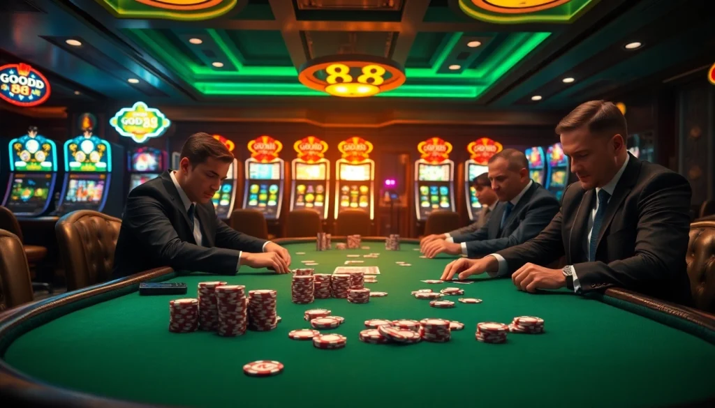 Players engage in a high-stakes poker game featuring Good 88 stakes at an elegant casino table.