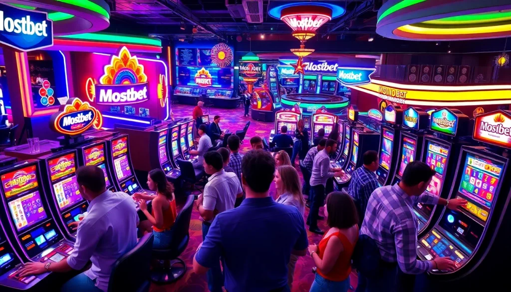 Mostbet oynamag zamanı slot maşınları ilə əylənən oyunçuların cəlbedici görüntüsü.