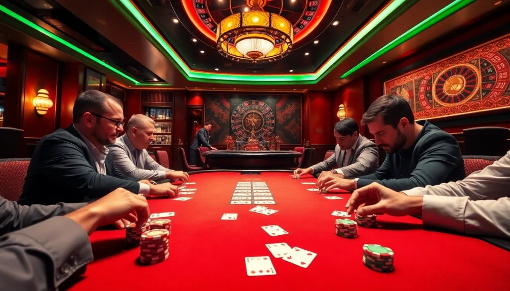 Engage in the thrilling atmosphere of rikvip casino with vibrant poker tables and gaming excitement.