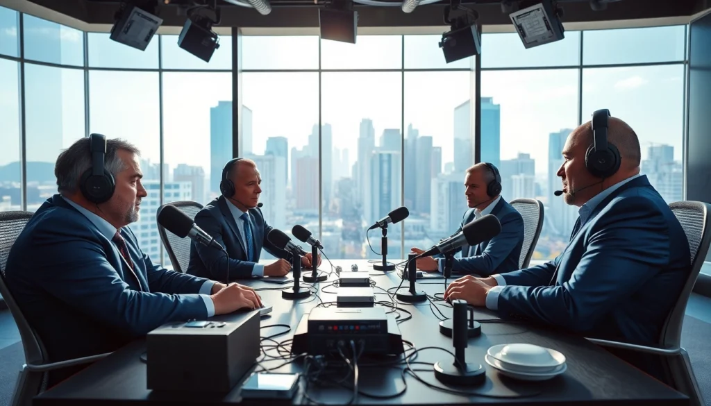 Dynamic scene of sports broadcasting hosts discussing live events in a modern studio.