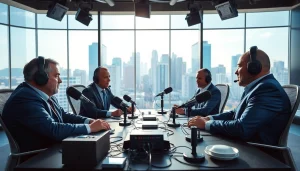 Dynamic scene of sports broadcasting hosts discussing live events in a modern studio.