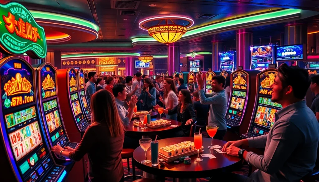 Engaging scene of players enjoying a slot demo mahjong game at a lively casino.