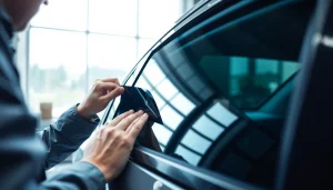 Apply auto window tint near me service with precision in a bright workshop environment.