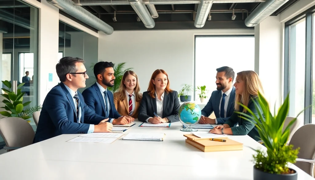 Environmental law firm team collaborating on sustainable solutions in a bright office.