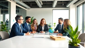 Environmental law firm team collaborating on sustainable solutions in a bright office.