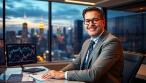 Mark Baum analyzing financial data in a modern office setting.