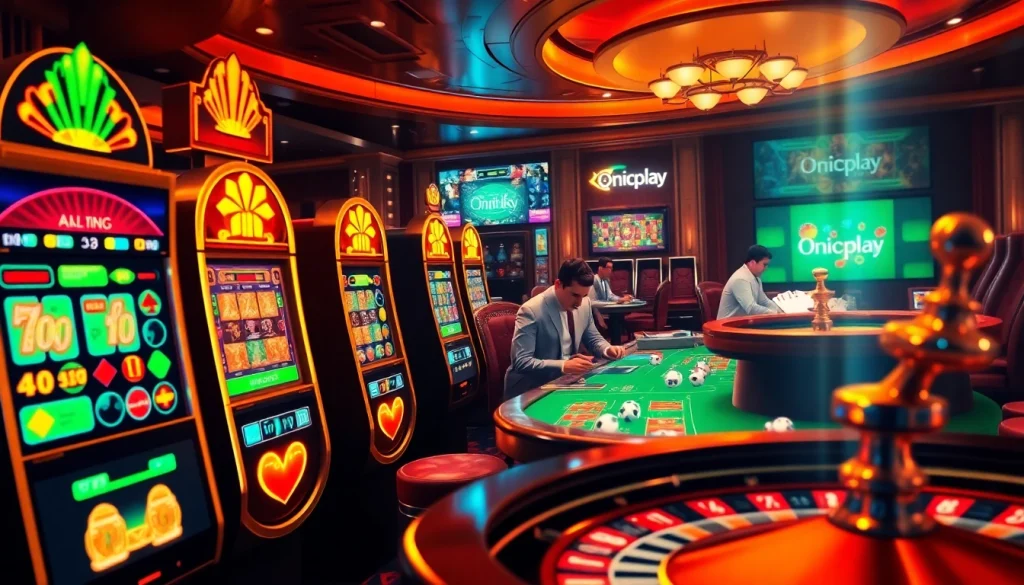 Engaging players utilize the Onicplay interface amid a vibrant online casino atmosphere.