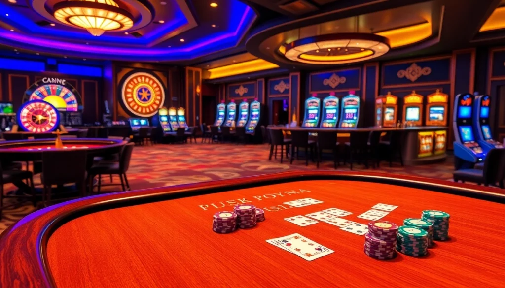 Exciting play at xin88 com sòng bạc showcasing poker chips, tables, and a roulette wheel.