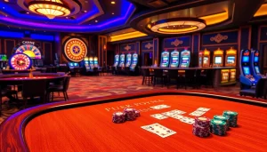 Exciting play at xin88 com sòng bạc showcasing poker chips, tables, and a roulette wheel.