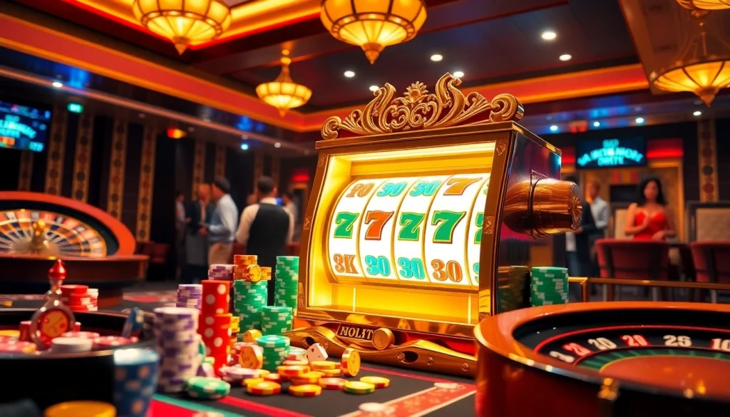 Adegan kasino yang mendebarkan dengan slot deposit pulsa tanpa potongan, menampilkan para pemain yang menikmati mesin slot yang berwarna-warni dan chip poker.
