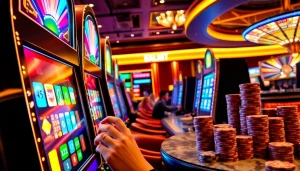 Pemain menikmati sensasi kemenangan di slot Depo 1K dalam suasana kasino mewah.