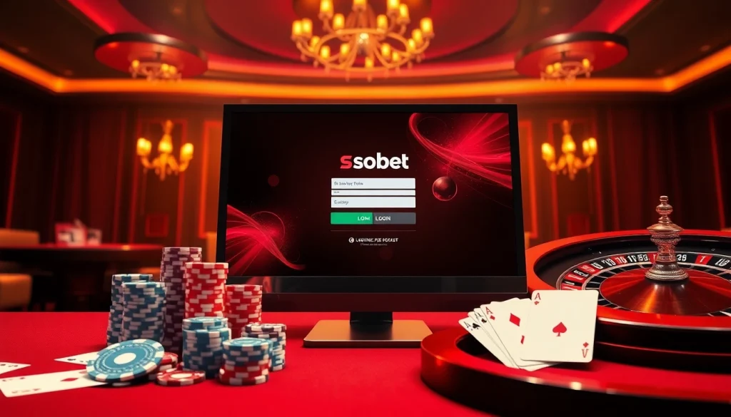 Smooth sbobet login interface surrounded by casino elements promoting online betting excitement.