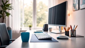 Enhance your productivity at a typing center with a modern workspace featuring sleek technology.