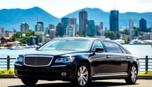 Efficient town car Vancouver service in a sleek black vehicle against the urban skyline.