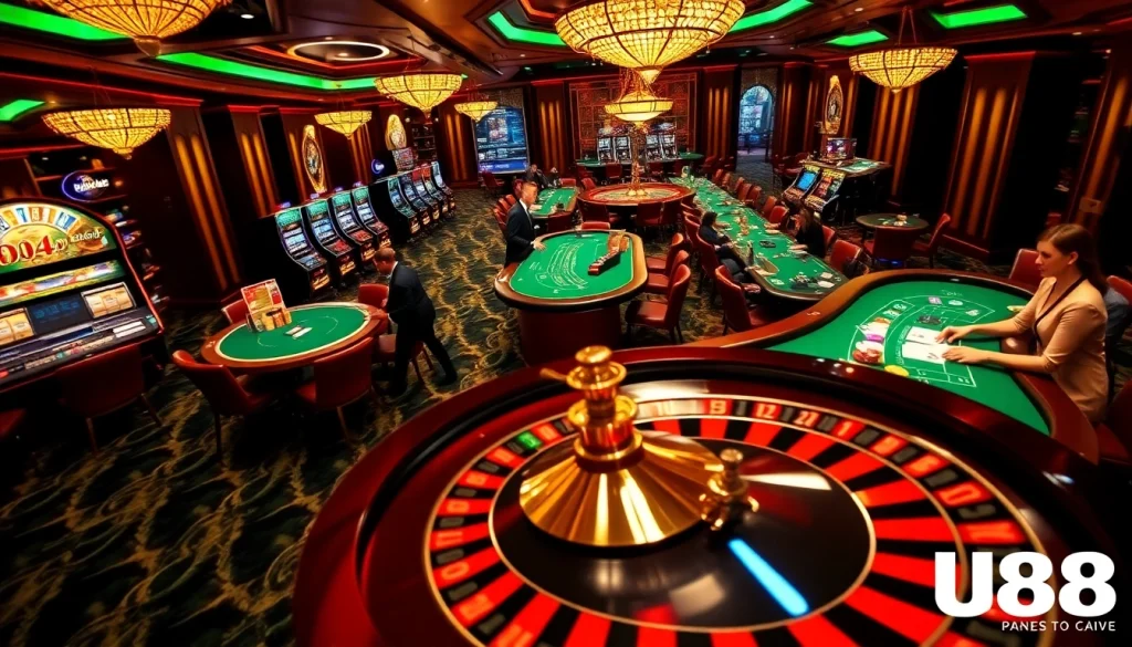 Engaging scene showcasing U88 gameplay with vibrant casino tables, exciting slot machines, and dynamic roulette.