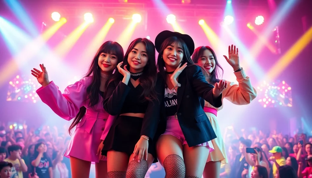 Blackpink members performing energetically on stage with colorful lights.