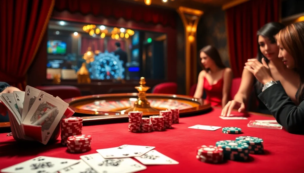 Gamblers strategizing at a luxurious casino table featuring sc88 poker chips and cards.