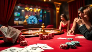 Gamblers strategizing at a luxurious casino table featuring sc88 poker chips and cards.