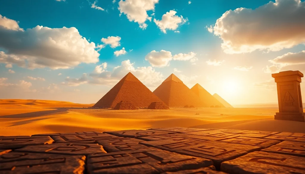 Explore the magnificent piraminds of Giza under a brilliant golden sunset.