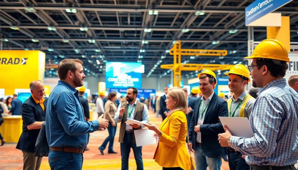 Engaging construction networking events with professionals exchanging ideas at a lively trade show.