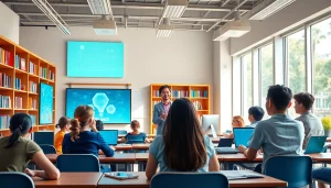 Education reform scene in a modern classroom with diverse students and digital learning tools.
