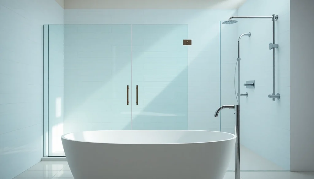 View of sunney shower doors in a modern bathroom with bright lighting and elegant fixtures.