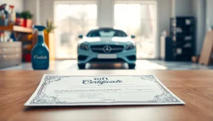 Present a car detailing gift certificate on a beautiful wooden table, highlighting its luxurious design.