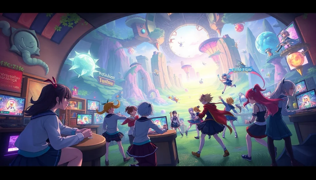 Exciting scene featuring diverse anime characters in a hentai game, showcasing vibrant gameplay activities.