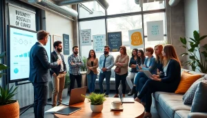 Engage in a business coaching service session led by professionals with entrepreneurs in a collaborative workspace.