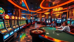 Exciting casino atmosphere at bk8th with slot machines, poker tables, and roulette displaying vibrant gaming action.