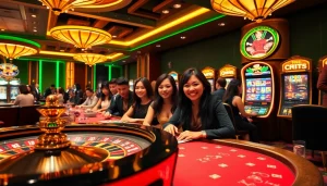 Engaging players enjoying the thrilling experience of link alternatif sbobet in an upscale casino setting.